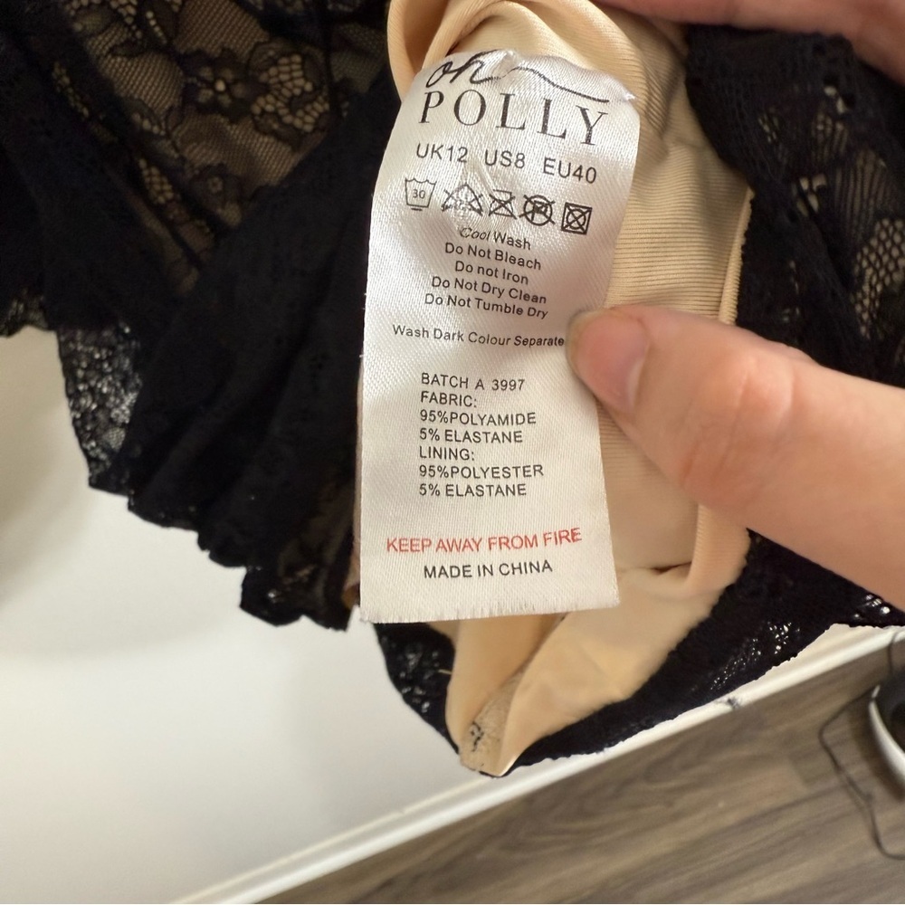 Oh Polly Tell Me More Black Lace Ruched Mini Dress Long Sleeve Puff Shoulders 8 - Picture 5 of 5